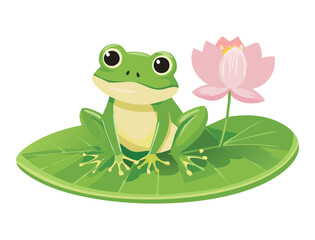 Cute Frog on Lily Pad with Pink Lotus