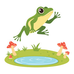 Energetic Frog Leaping Over Pond Mushrooms