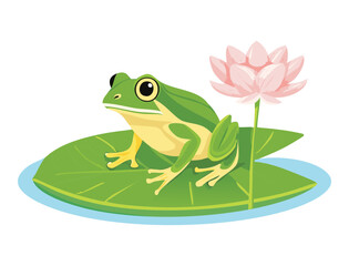 Green Frog on Lily Pad with Pink Lotus