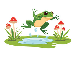 Energetic Frog Leaping Over Pond Mushrooms