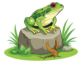 Green Frog Sitting on Rock with Grass