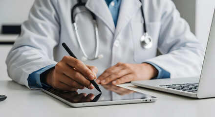 Healthcare professional uses a digital tablet and stylus to manage patient information efficiently