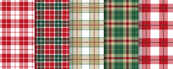 Plaid check pattern. Christmas seamless background. Set red green backdrops. Gingham shirt prints. Tartan fabric cloth. Vichy flannel texture. Geometric lumberjack tablecloth. Vector illustration