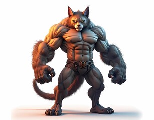 Illustration of a standing Bengal fighting cat with muscular muscles isolated on a white background. Generate AI