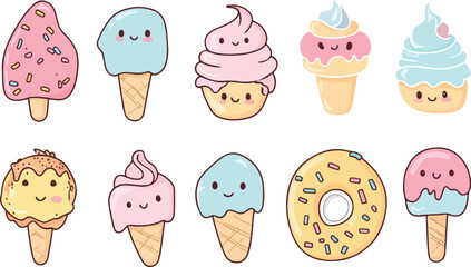 Cute Kawaii Ice Cream and Donut Collection with Happy Faces on White