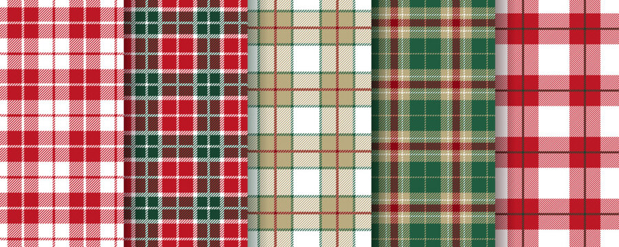 Plaid check pattern. Christmas seamless background. Set red green backdrops. Gingham shirt prints. Tartan fabric cloth. Vichy flannel texture. Geometric lumberjack tablecloth. Vector illustration