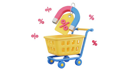An eye catching shopping cart with a magnet pulling discount, rendered with a playful, modern 3D style for online retail, transparent background