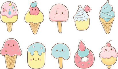 Cute Kawaii Ice Cream and Dessert Vector Illustration Set with Smiling Faces