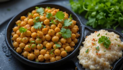 Modern black tray with chickpeas and fresh cilantro, close-up macro shot highlighting vibrant colors, healthy meal, and minimalist food presentation.