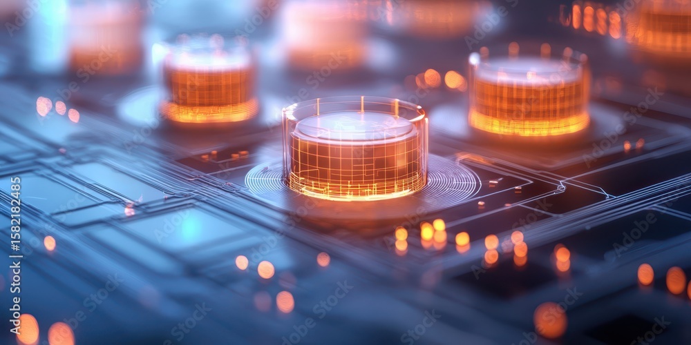 Poster engineer architect blueprints concept. futuristic digital circuit board with glowing components and 