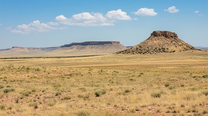 Expansive desert landscape featuring mesas under a bright, partly cloudy sky.  Dry, sparse vegetation covers the flatlands