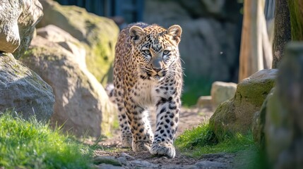 Obraz premium Majestic Leopard Strolling Through Rocky Terrain