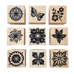 Rubber stamp blocks set isolated, Artistic printing tools, Creative decor stamps, Studio design props, Reusable ink pads, Pattern block pieces