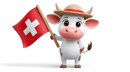 Cartoon cow in Swiss hat holding flag. A fun and patriotic character to celebrate Swiss National Day with charm and national pride.