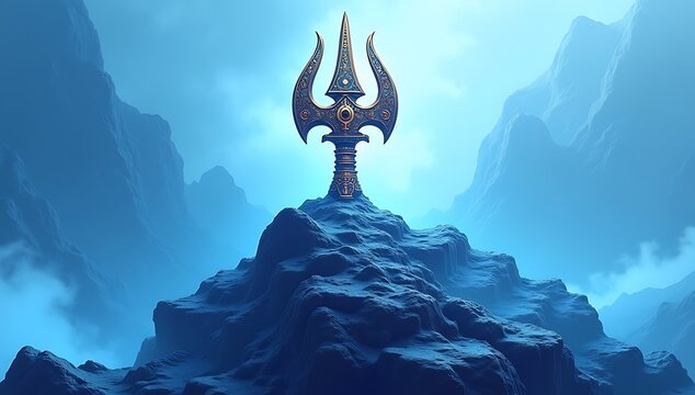Flat vector illustration of Lord Shiva&rsquo;s trishul and damru placed on a mountain-like surface with blue mist and spiritual aura. No deity or people.

