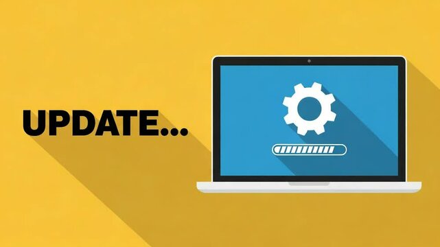 A laptop displays the word update with a progress bar and a gear icon on its screen