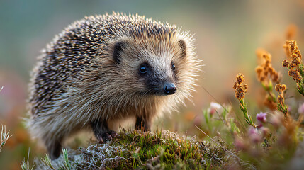 A hedgehog standing on a small grassy mound, morning dew on its spines, camera close-up on its tiny nose, blurred meadow flowers in the background, cinematic soft lighting.