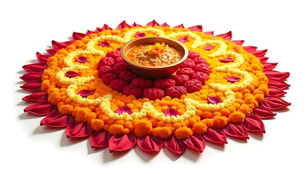 Top-down view of a colorful floral pookalam arrangement made from marigold and rose petals for Onam. Circular symmetric design on clean white background. No people.


