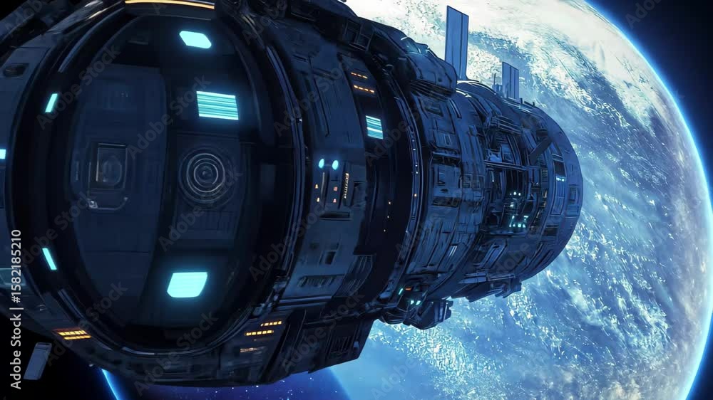 Poster spaceship docked at a futuristic station orbiting a vibrant, distant planet in deep space, station i