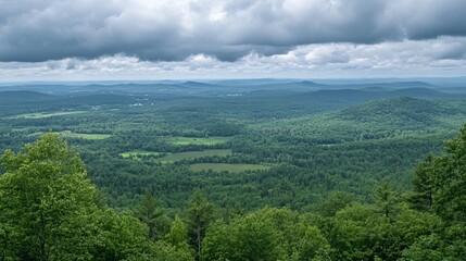 Panoramic view of a lush green valley, rolling hills, and distant mountains under a cloudy sky