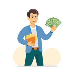 Man with money in his hand. Money mascot vector illustration vintage design