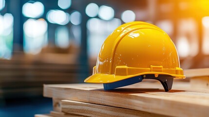 Bright yellow hard hat on wooden planks in a construction setting