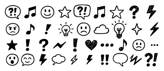 Doodle style hand drawn assorted symbols and icons