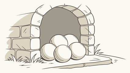 Cartoon illustration of stone archway with pile of white spheres inside the opening and grass below