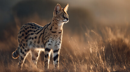 A serval standing on a sunlit hill in tall golden grass, long legs and ears upright, camera locked on its alert expression, blurred savanna backdrop, cinematic feline grace.