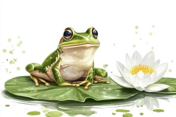 A serene green frog contemplating life beside a delicate water lily blossom art in white background. Generative Ai