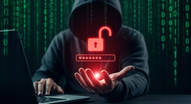 Cybersecurity threat concept. Hacker hand reveals glowing unlocked padlock and password, Digital crime warning data breach, cyber attack, and digital vulnerability in a dark internet security.