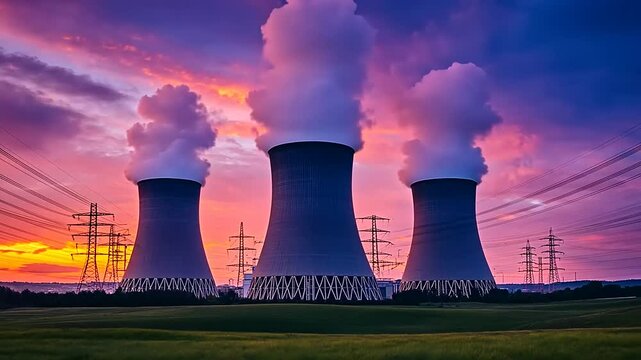 Sunset over nuclear power plant cooling towers with vibrant clouds and power lines in the background