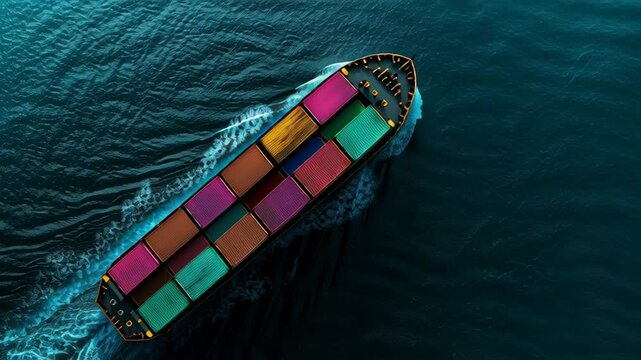 Aerial View of Colorful Cargo Ship Transporting Containers Across Deep Blue Ocean Waters, Creating Dynamic Wake Patterns and Gentle Waves, Highlighting Global Sea Trade and Transportation