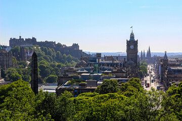 Fototapeta premium View or Edinburgh Castle the Balmoral Hotel and Princes Street looking West from Calton Hill in Edinburgh Scotland 