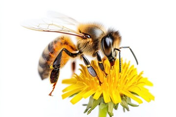 A honeybee delicately gathers nectar from a bright yellow dandelion in spring in white background. Generative Ai