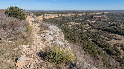Panoramic view of a rugged, arid landscape featuring a cliff edge trail overlooking a vast valley with sparse vegetation and distant rock formations under a clear blue sky