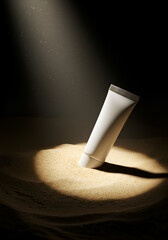 White tube of cream on light beige sand under spotlight