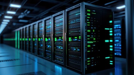 High-tech data center with illuminated server racks