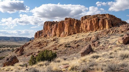 Fototapeta premium Arid landscape featuring a dramatic, red rock formation under a partly cloudy sky. Dry grasses and sparse vegetation cover the foreground