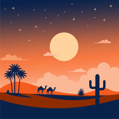 A stylized desert landscape at sunset featuring camels, cacti, and palm trees.