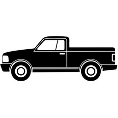 Black silhouette of a pickup truck in a side profile view isolated on white background