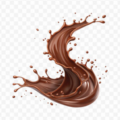 realistic 3d chocolate fluid splash flow with drops, bubbles  in curve style isolated on transparent background