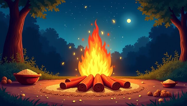 Illustration of a traditional Lohri bonfire with puffed rice, groundnuts, and jaggery sweets arranged around it. Rural festive mood, no people.

