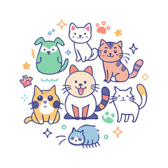 A collection of cats and other animals in various style. The image is a playful and whimsical representation of the animals
