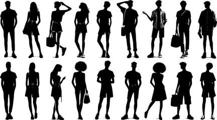 Vector silhouettes man and women, illustration. Silhouettes of young people posing in fashionable clothes. EPS 10 version.