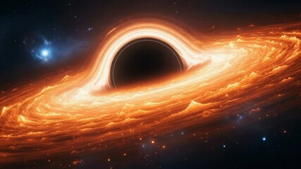 A vibrant orange accretion disk surrounds a black hole in the vastness of space - Powered by Adobe