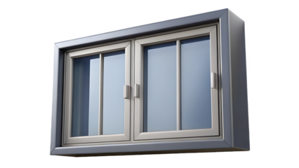 A modern aluminum window frame with glass reflects the outside world isolated on transparent background