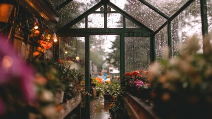 A rainy greenhouse interior
