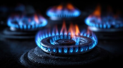 Close-up of Burning Gas Stove Burners