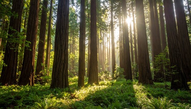 Sunlight streams through giant redwood trees